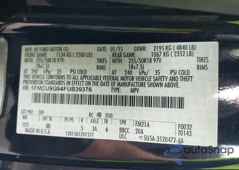 2015 Ford Escape Se из США, поврежденный, VIN 1FMCU9G94FUB39376